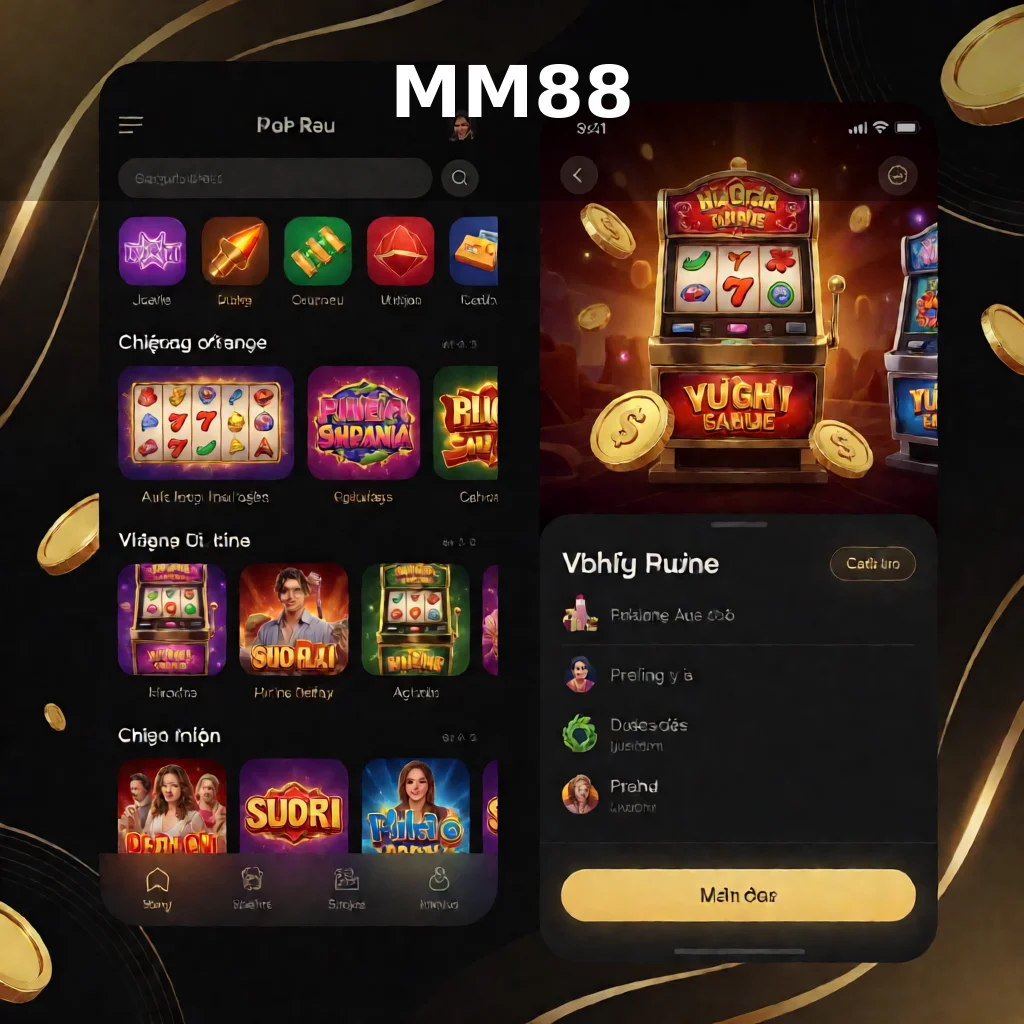 Banner mobile MM88 thể hiện giao diện ứng dụng trên điện thoại thông minh với các trò chơi casino và thể thao đang hoạt động